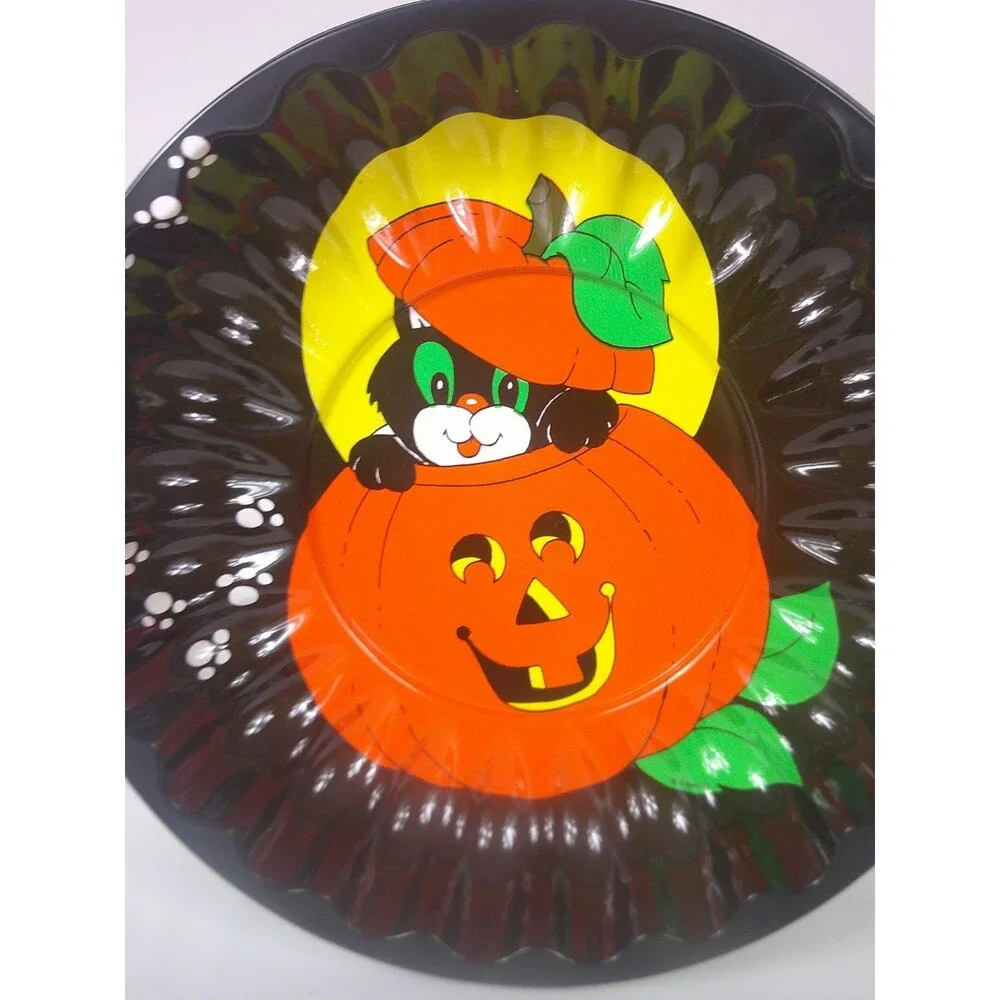 2x Pumpkin Cat Halloween Tray Ribbed Vintage Plastic 9.5